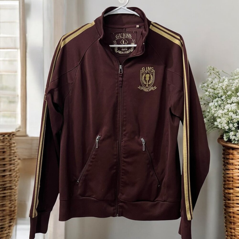 Vintage Guess Men's Burgundy UK London 77‎ Track Jacket Size Large